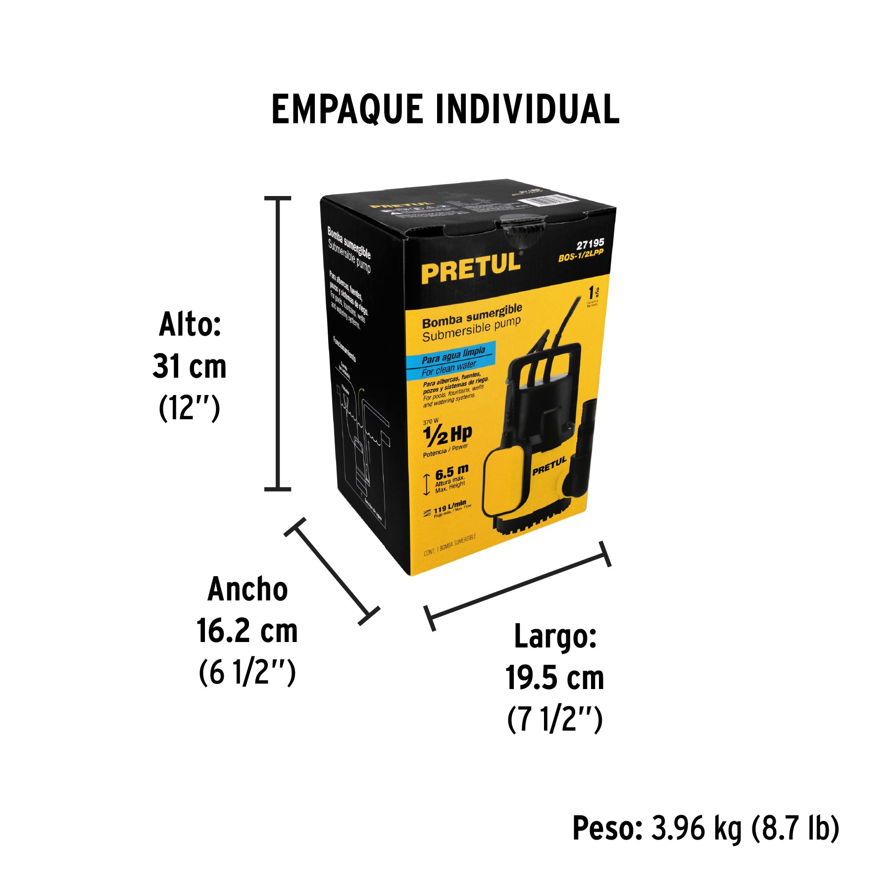 Bomba sumergible plástica 1/2 HP para agua limpia, Pretul