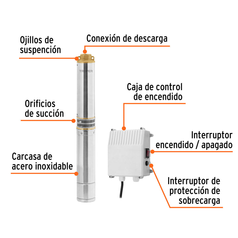Bomba sumergible tipo bala, 1HP, uso agrícola, 220V, TRUPER