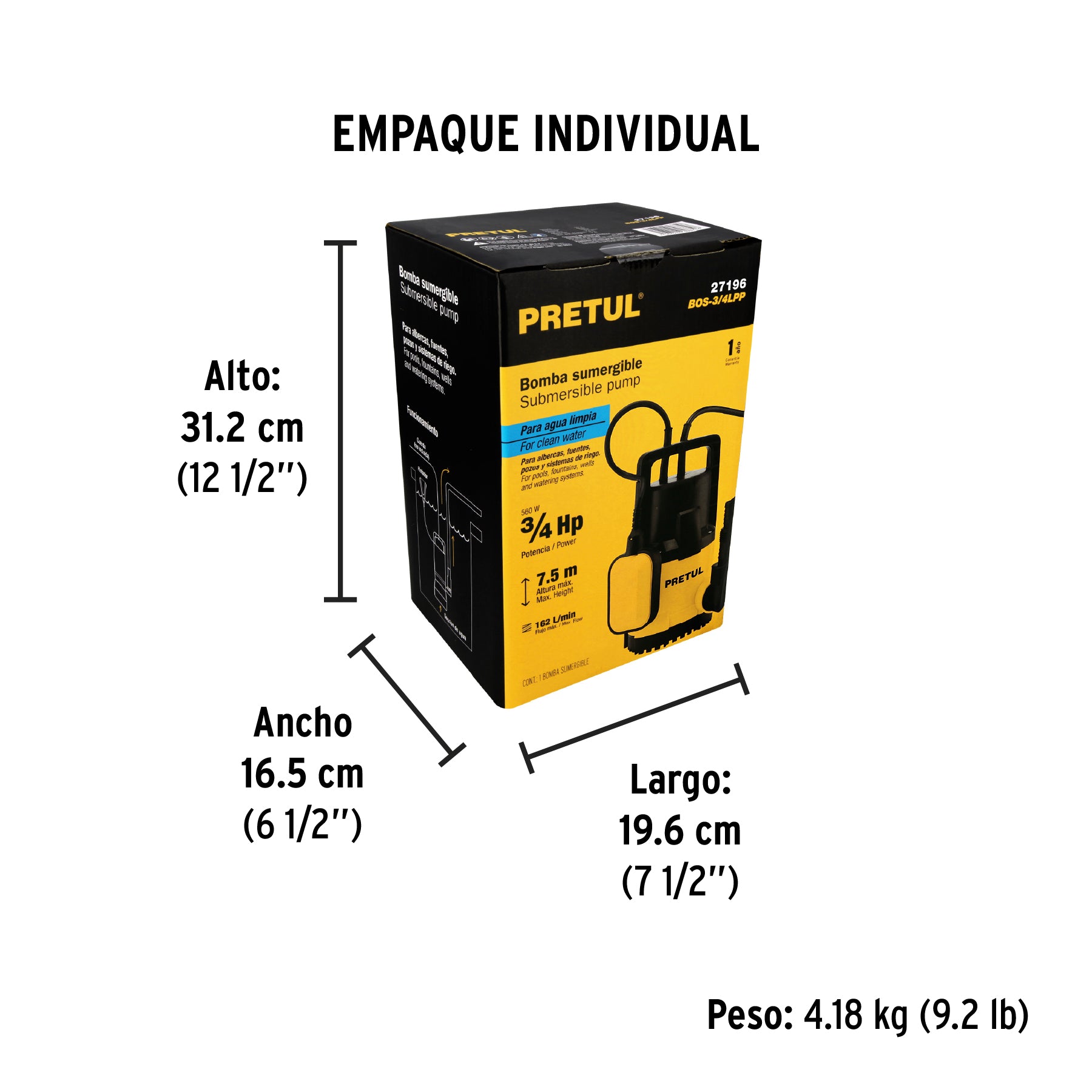 Bomba sumergible plástica 3/4 HP para agua limpia, Pretul