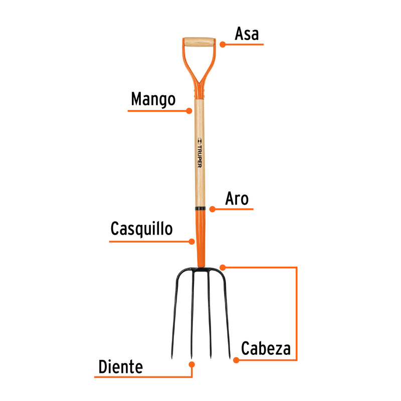 Bieldo para paja, 4 dientes, puño "y", mango de 35"
