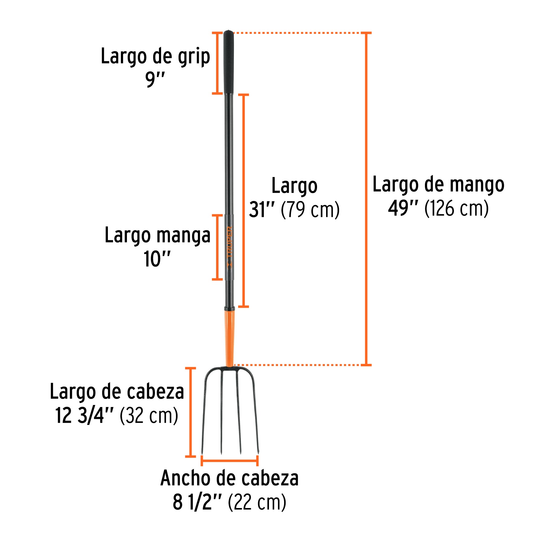 Bieldo para paja, 4 dientes, mango de acero 48'
