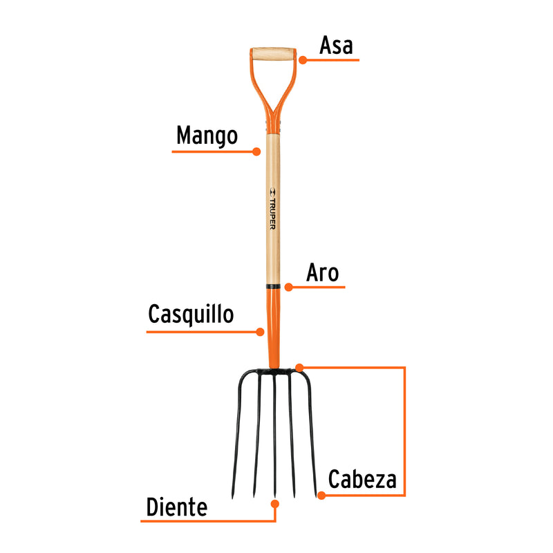 Bieldo para paja, 5 dientes, puño "y", mango de 35"