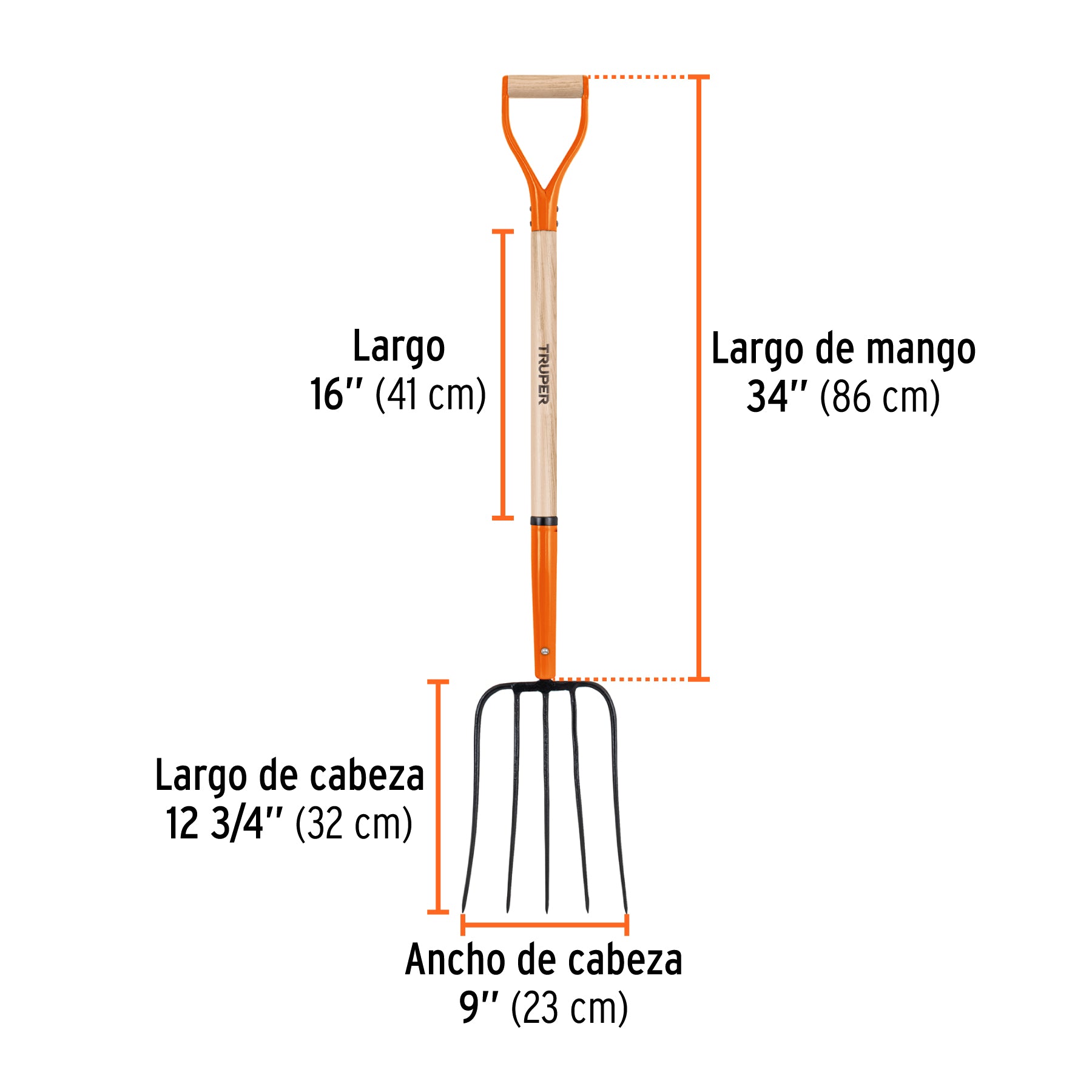Bieldo para paja, 5 dientes, puño "y", mango de 35"