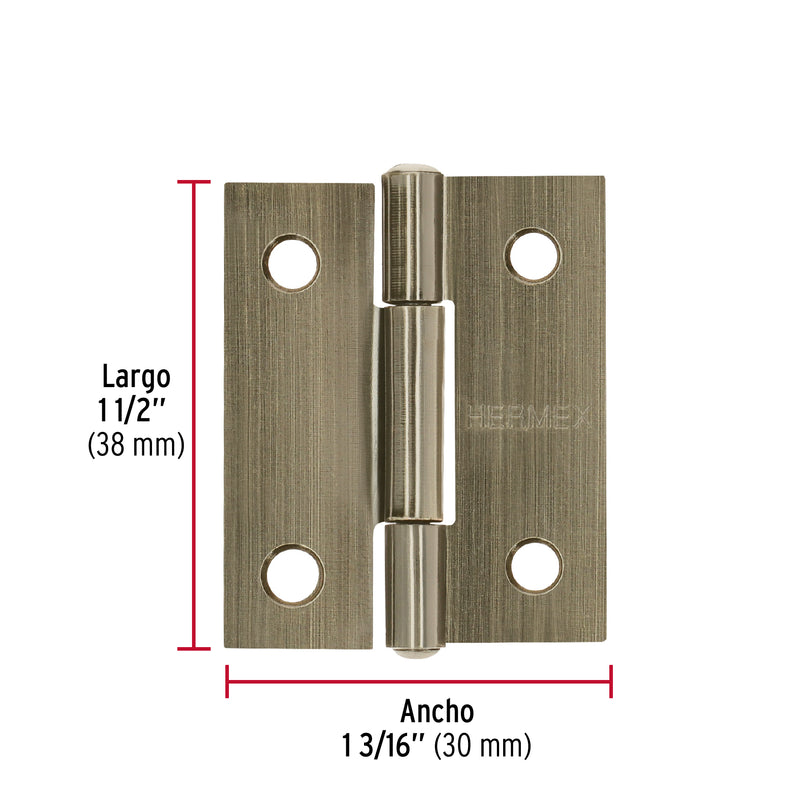 Bisagra rectangular 1-1/2 x 1-3/16", latón antiguo, HERMEX