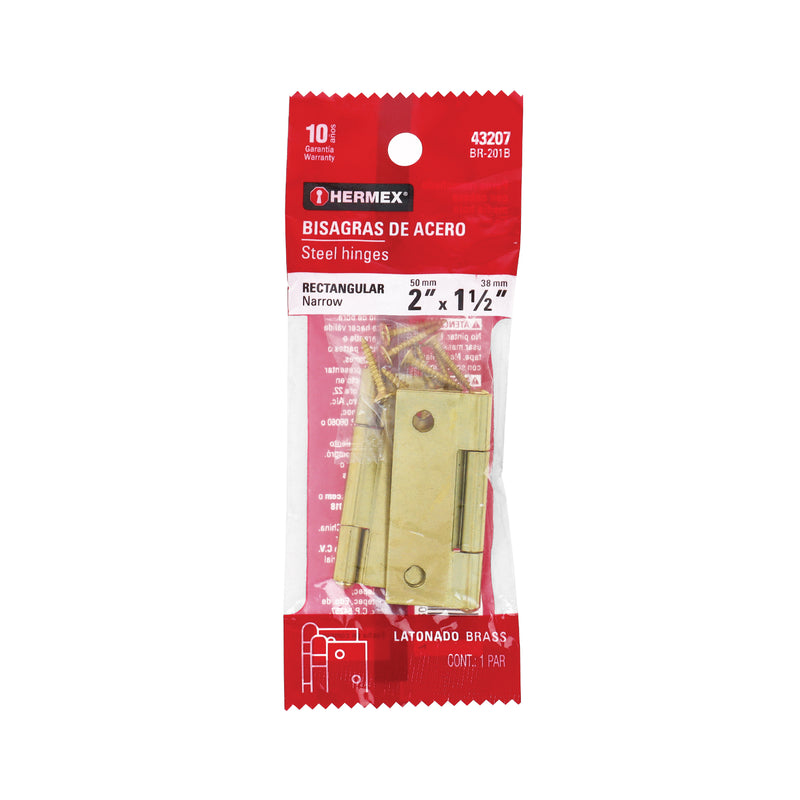 Bisagra rectangular 2", latón, blister con 2 pzas