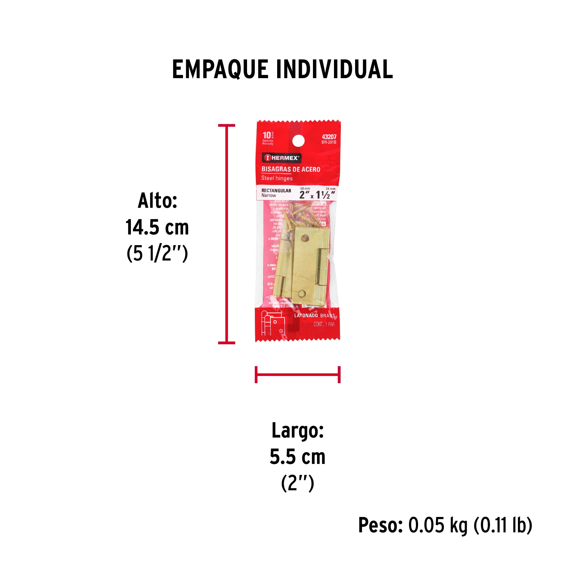Bisagra rectangular 2", latón, blister con 2 pzas