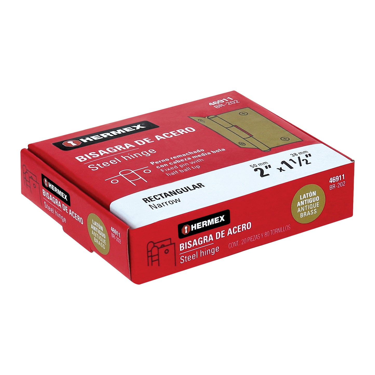 Bisagra rectangular 2' latón antiguo, Hermex