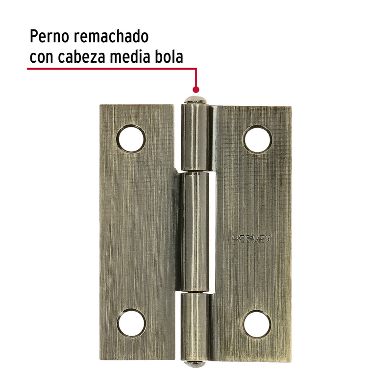 Bisagra rectangular 2 x 1-1/2", latón antiguo, HERMEX