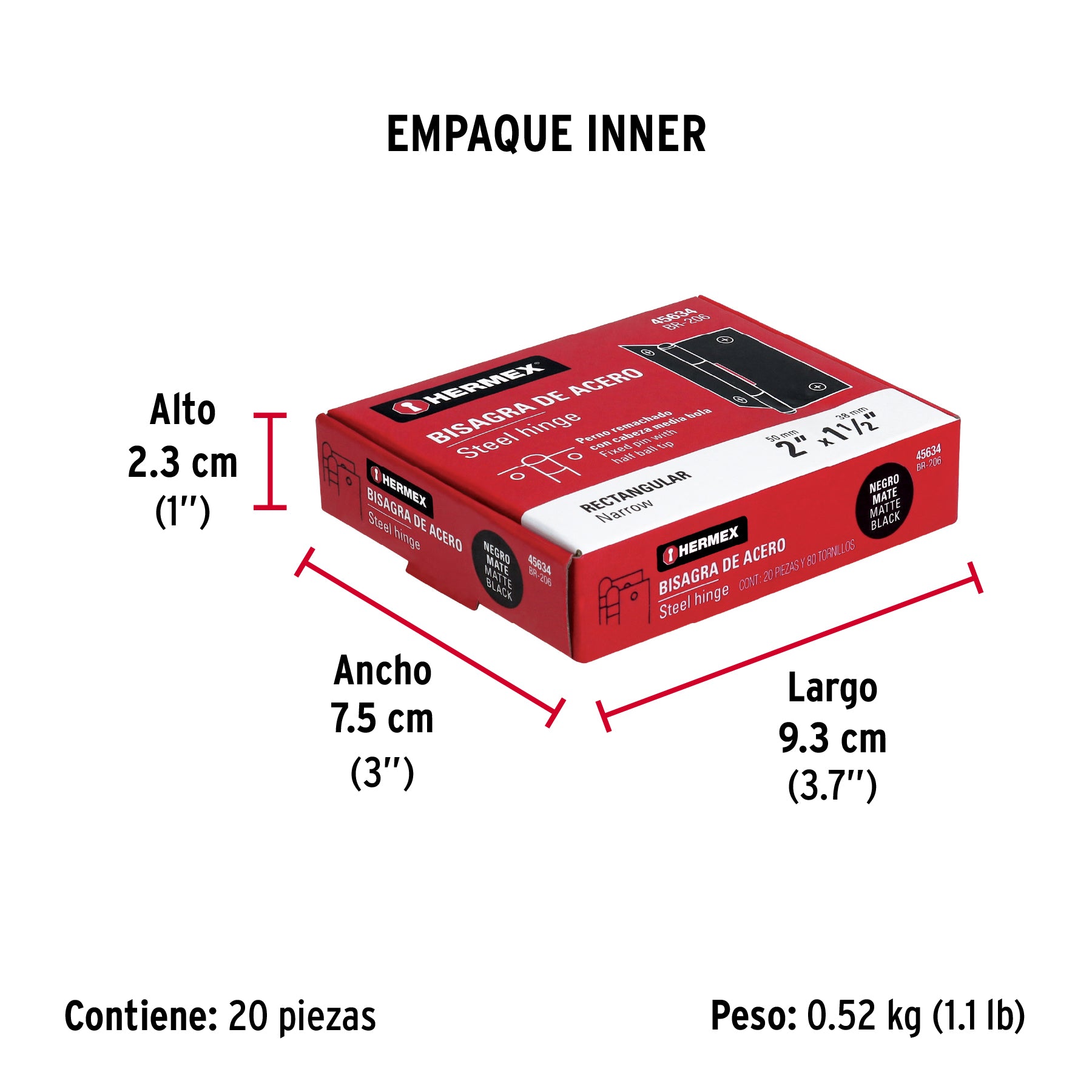 Bisagra rectangular 2' negra, Hermex