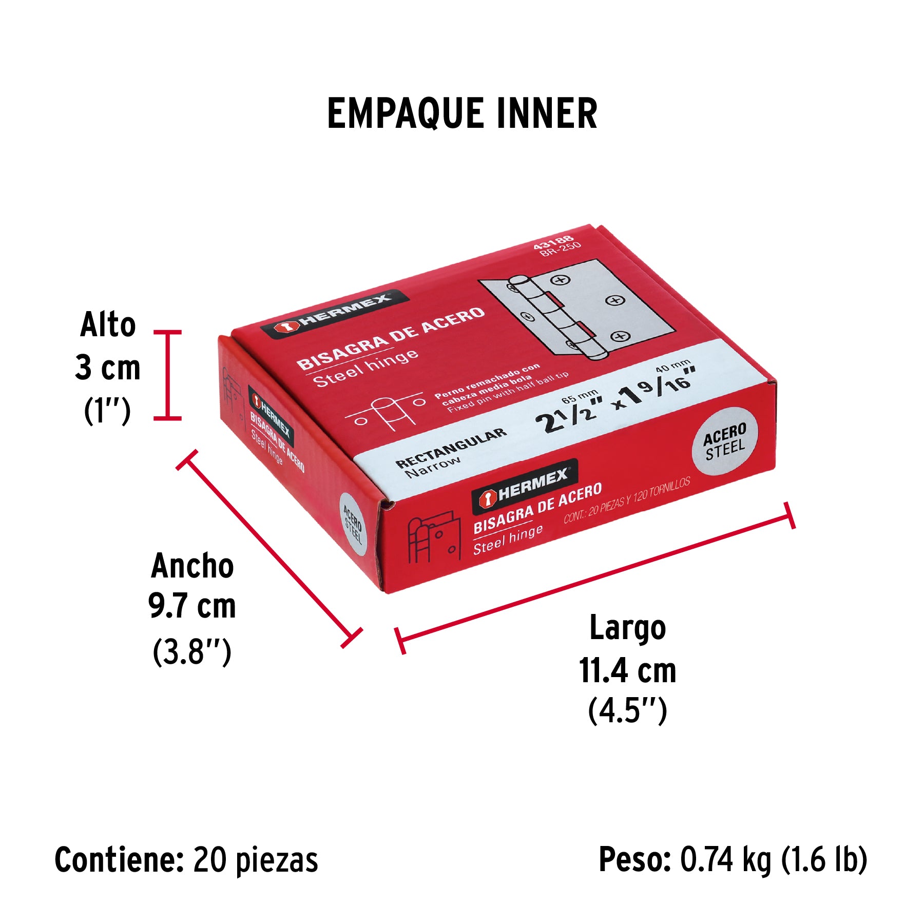 Bisagra rectangular 2-1/2", acero pulido
