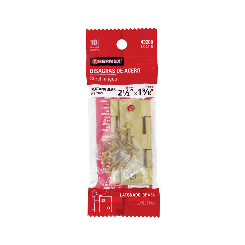 Bisagra rectangular 2-1/2", latón, blister con 2 pzas