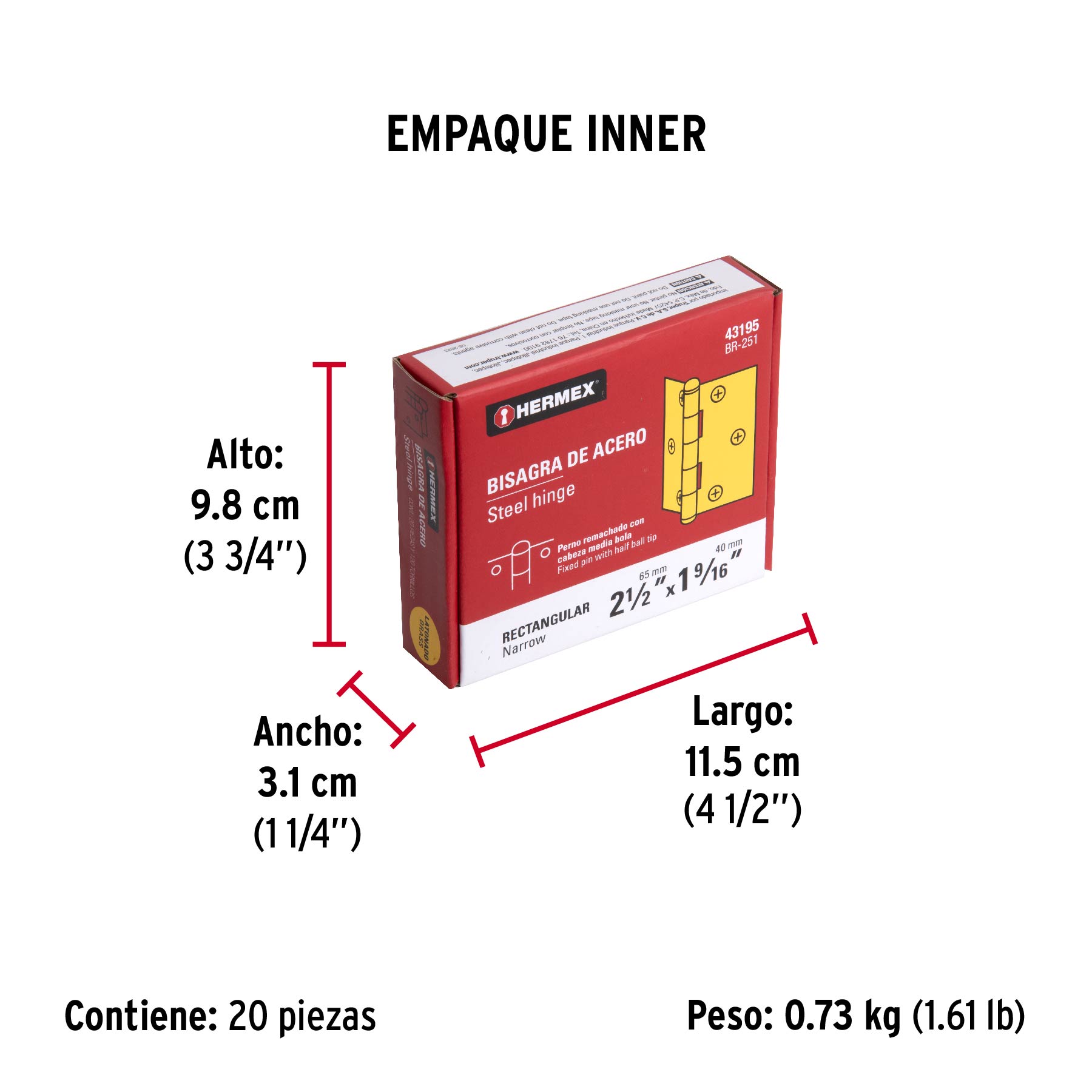 Bisagra rectangular 2-1/2", acero latonado