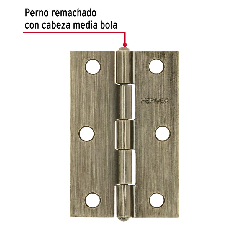 Bisagra rectangular 2-1/2' latón antiguo, Hermex