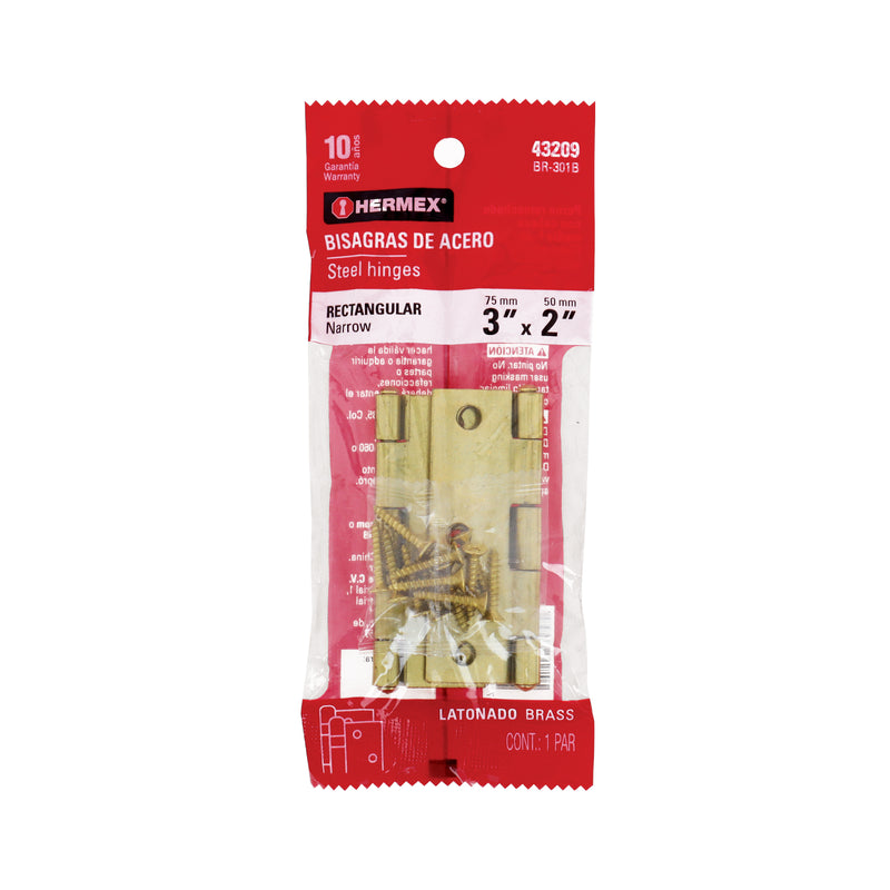Bisagra rectangular 3", latón, blister con 2 pzas