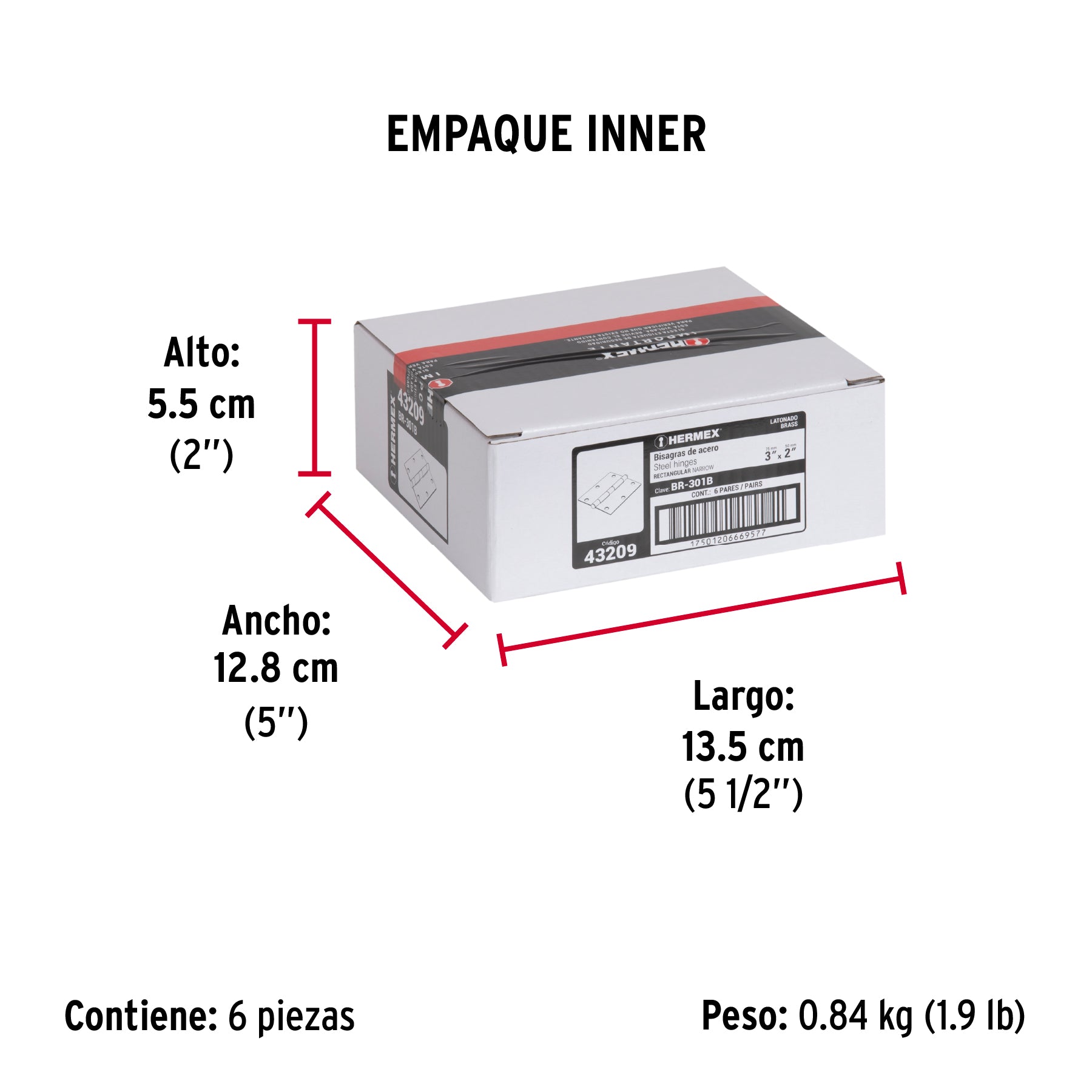 Bisagra rectangular 3", latón, blister con 2 pzas