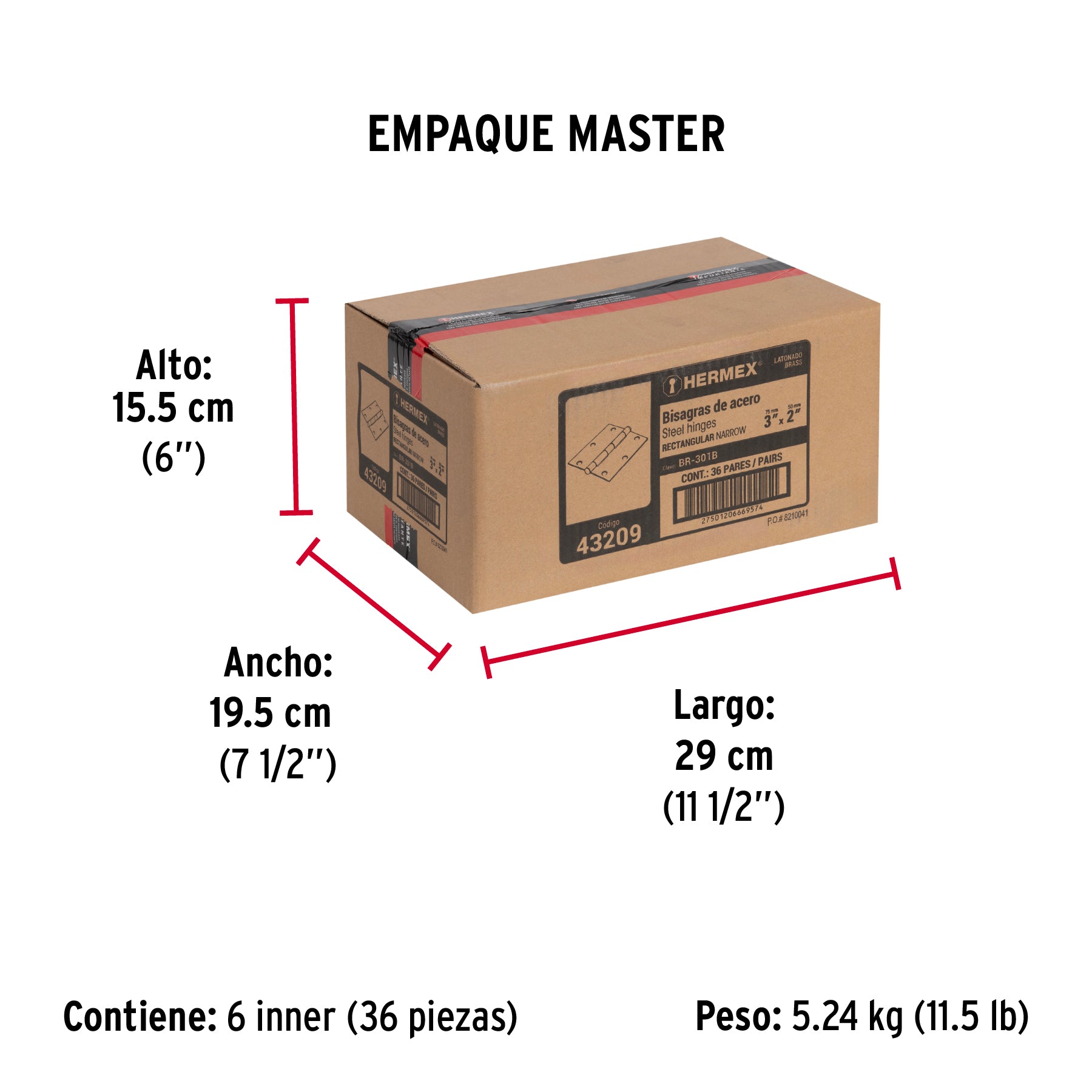 Bisagra rectangular 3", latón, blister con 2 pzas