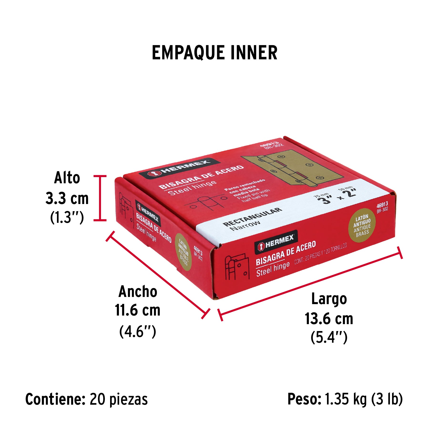Bisagra rectangular 3' latón antiguo, Hermex