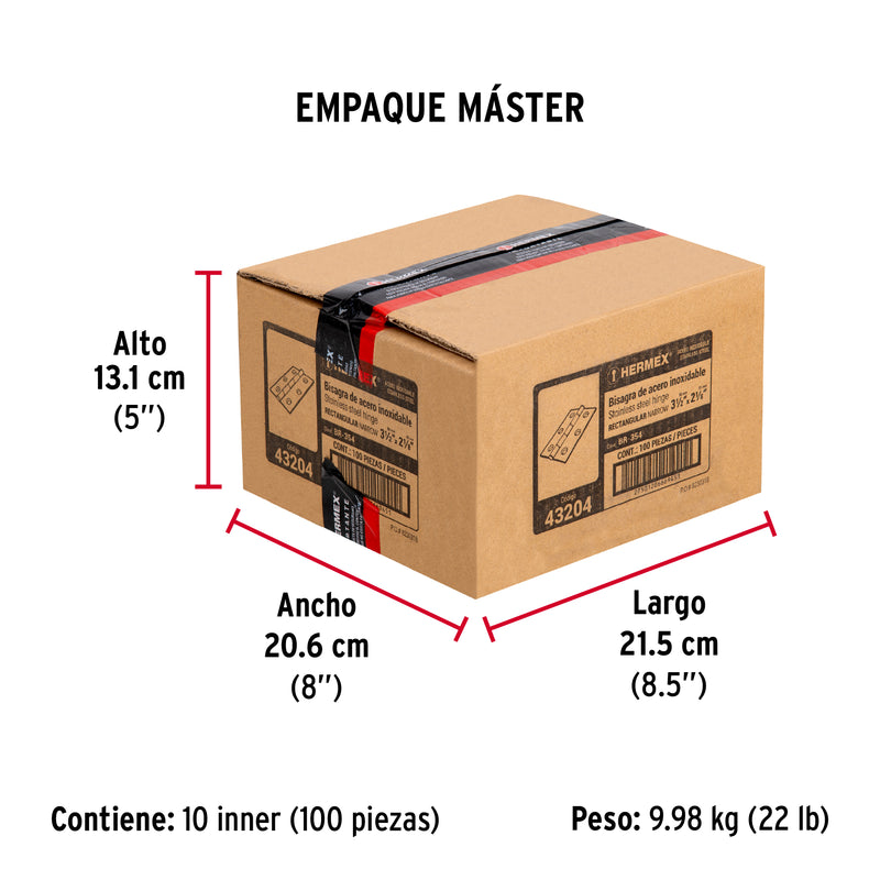 Bisagra rectangular 3-1/2", acero inoxidable