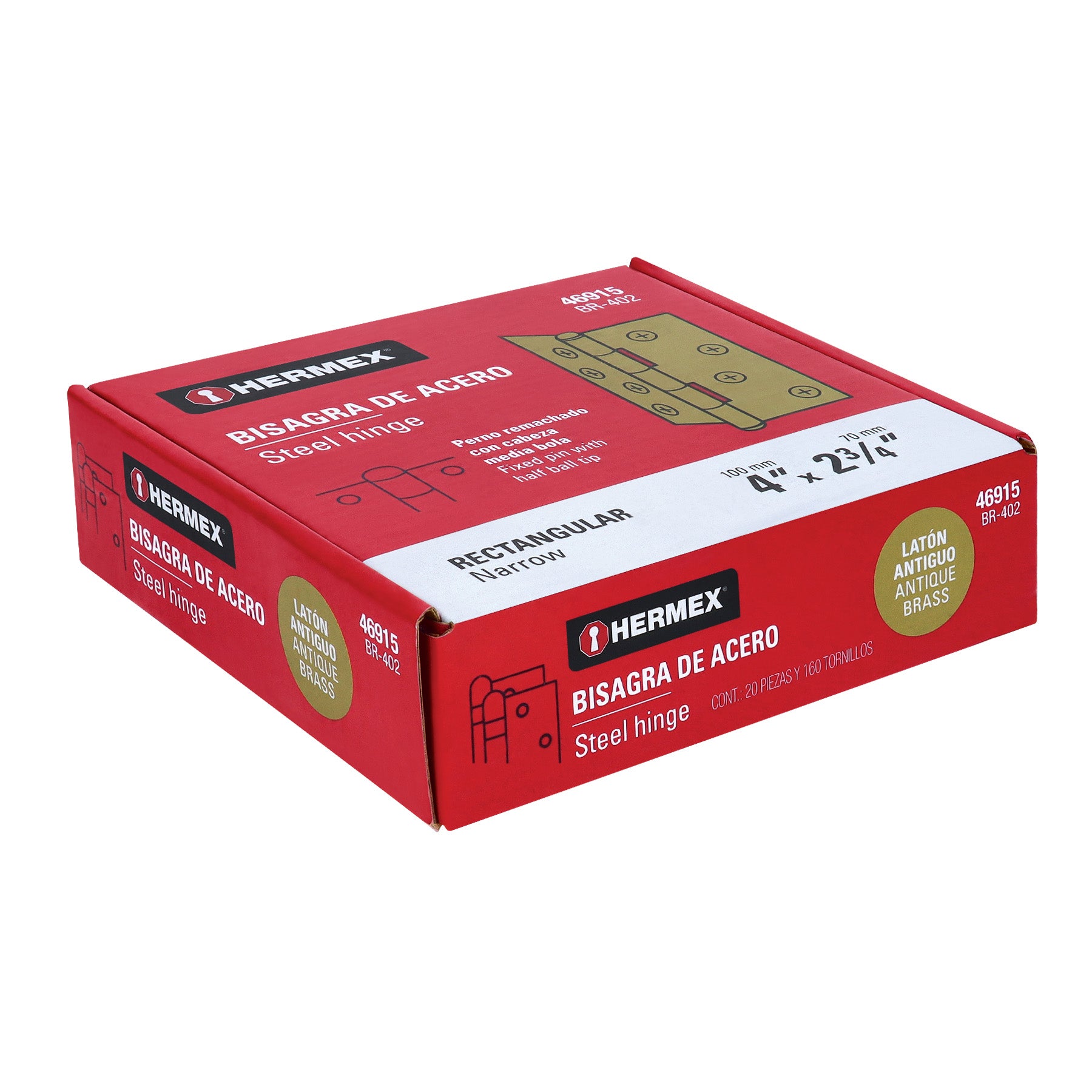 Bisagra rectangular 4' latón antiguo, Hermex