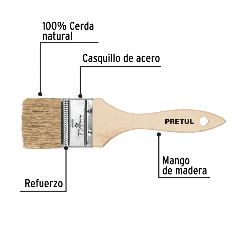 Brocha económica, mango de madera, 2", Pretul