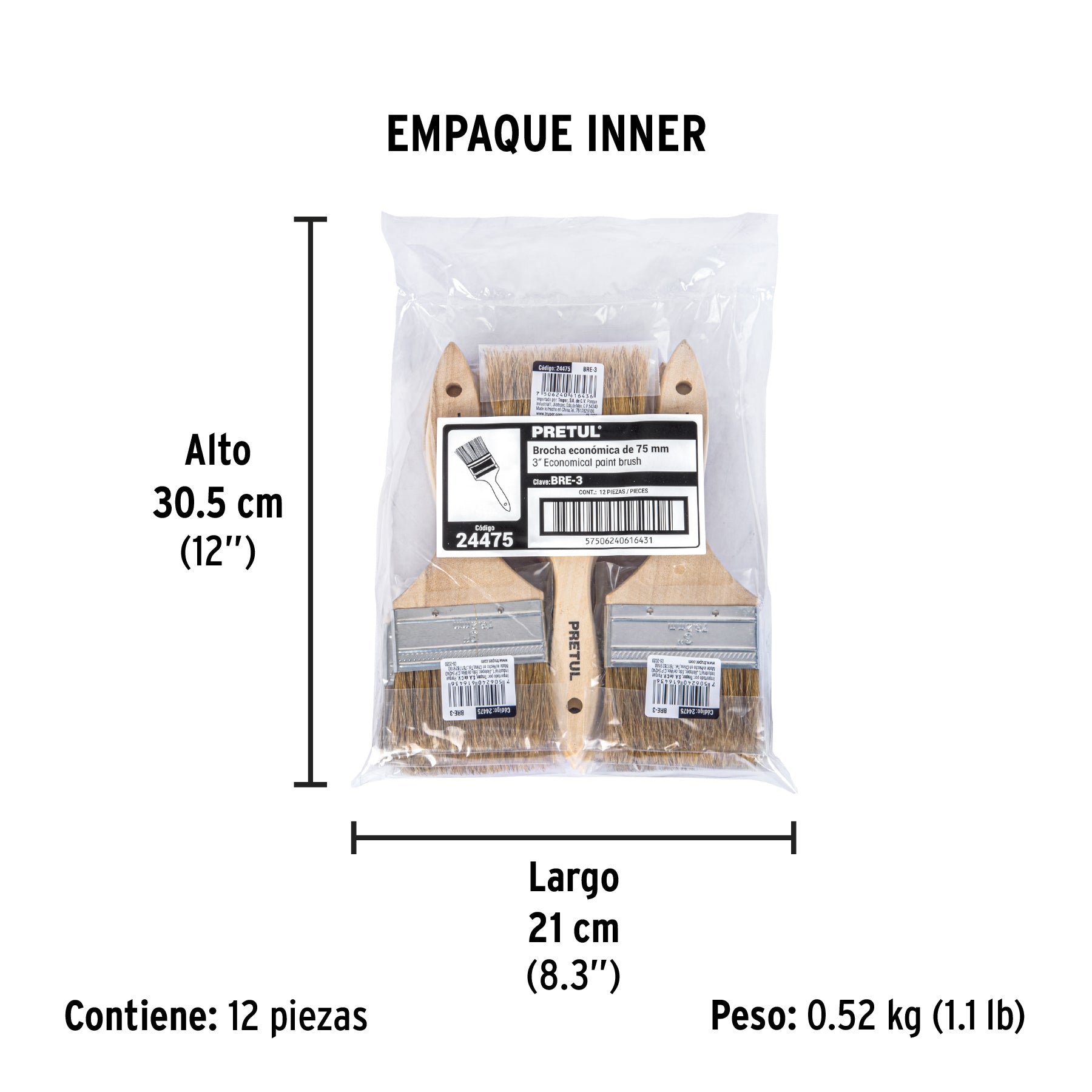 Brocha económica, mango de madera, 3", Pretul