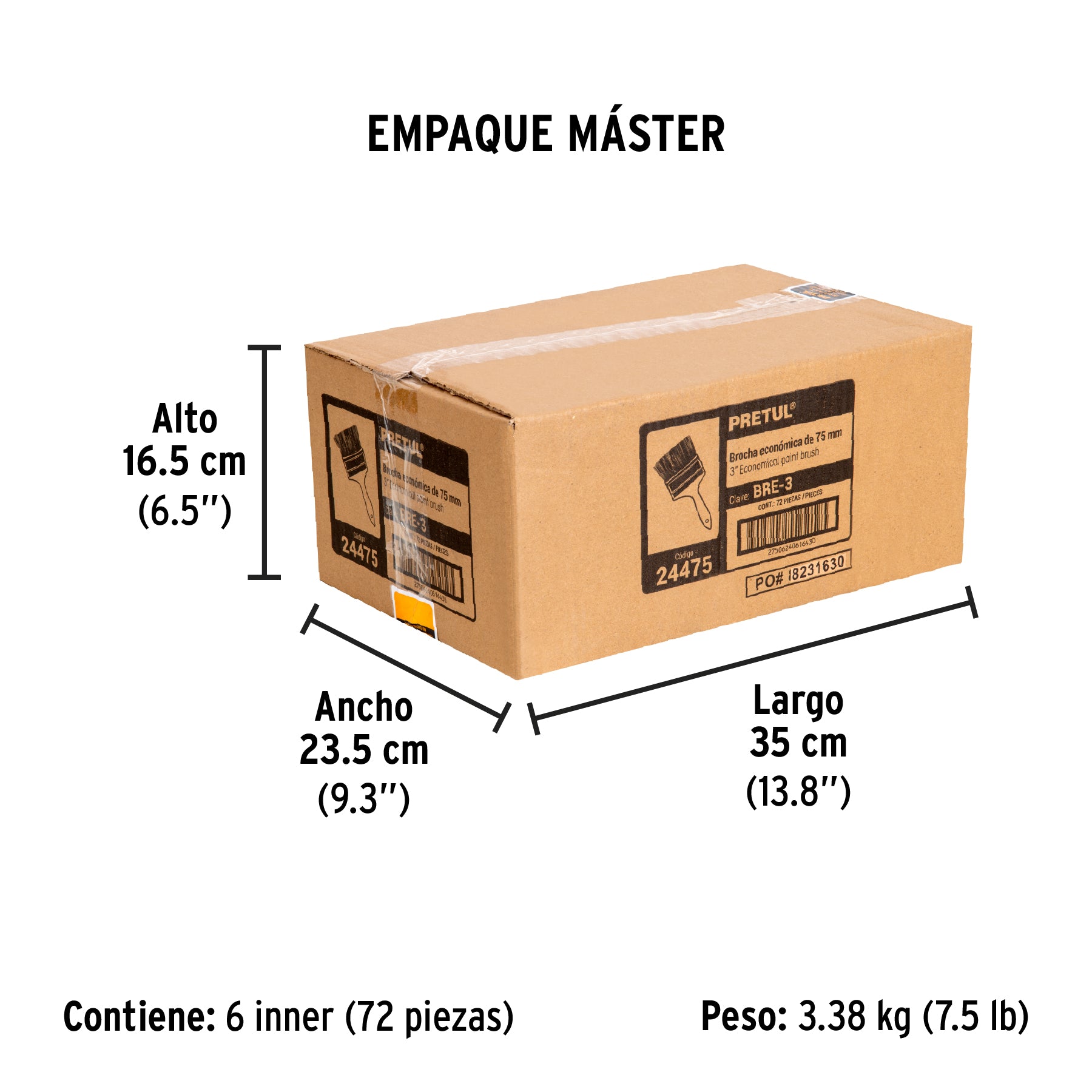 Brocha económica, mango de madera, 3", Pretul