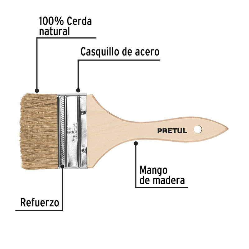 Brocha económica, mango de madera, 3", Pretul