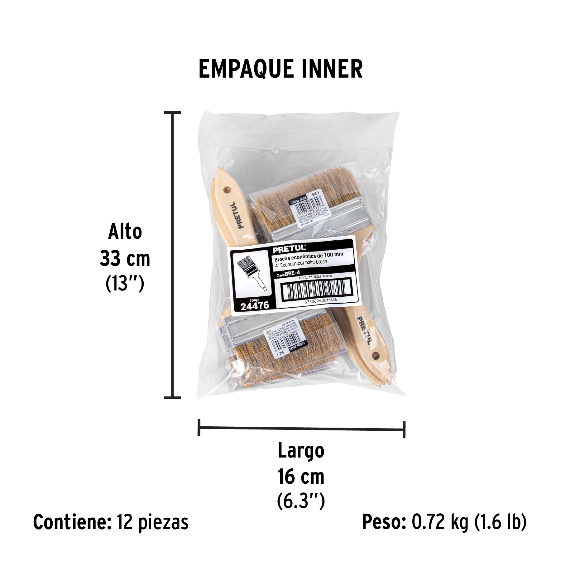 Brocha económica, mango de madera, 4", Pretul