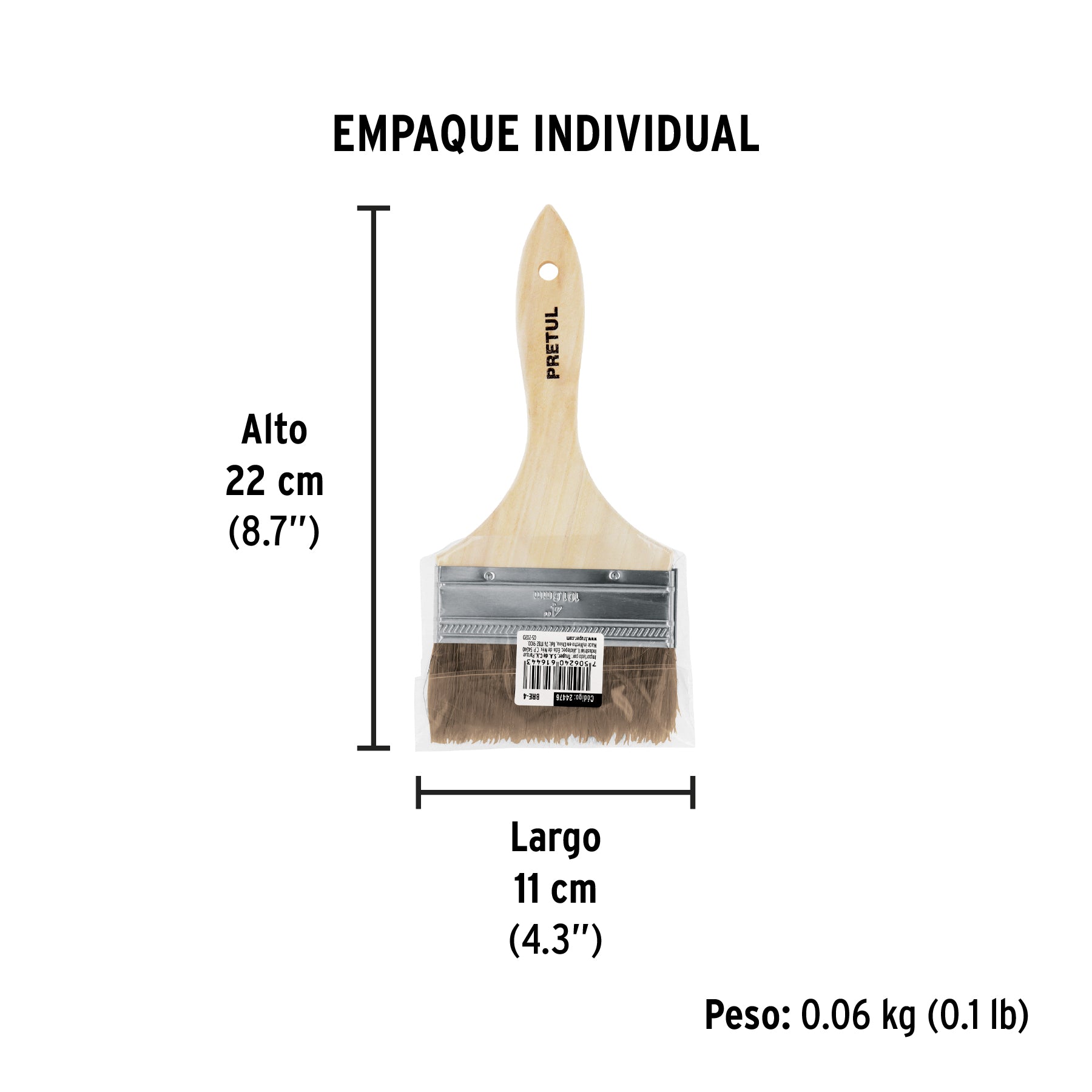 Brocha económica, mango de madera, 4", Pretul