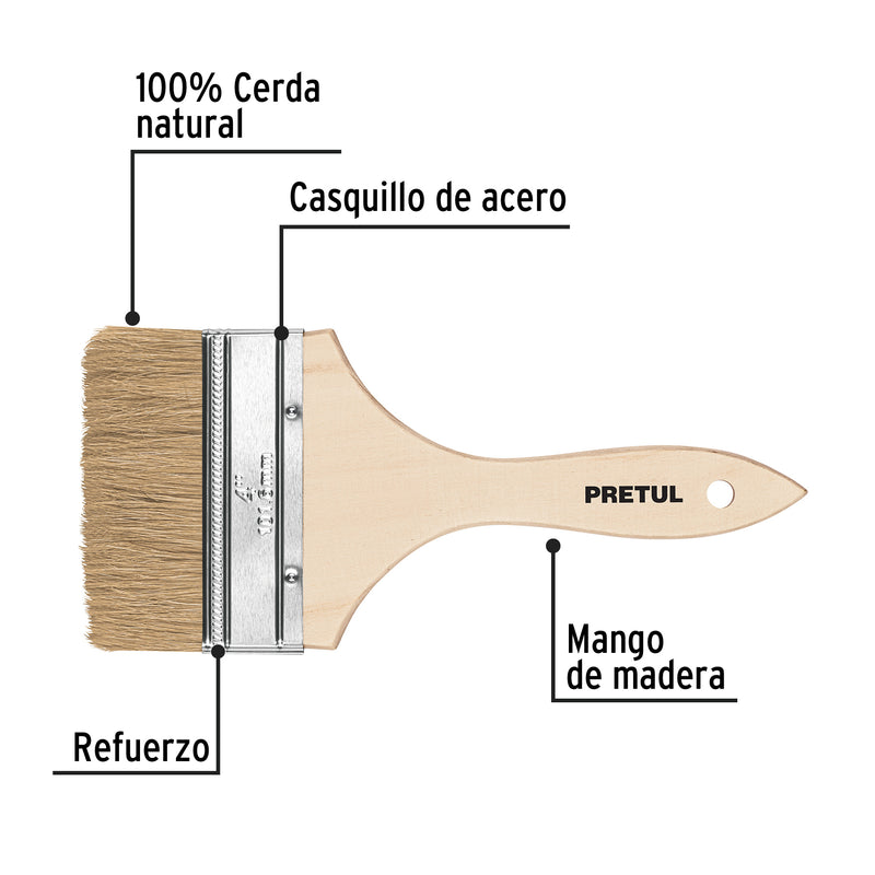 Brocha económica, mango de madera, 4", Pretul