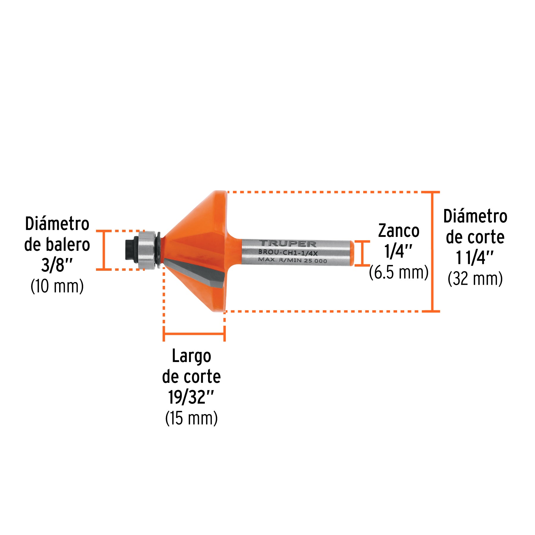 Broca para router, chaflán, 1-1/4" con balero