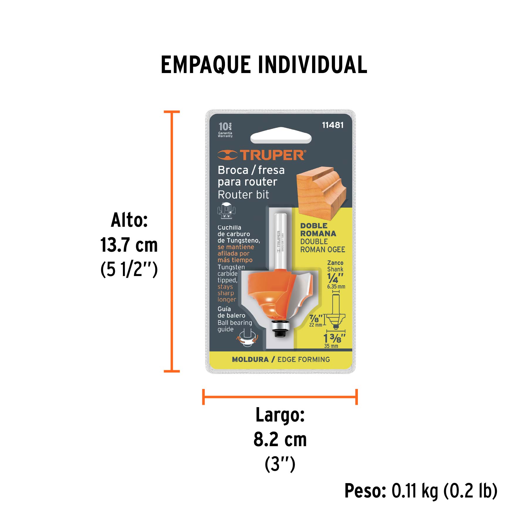 Broca para router, doble romana, 1-3/8" con balero