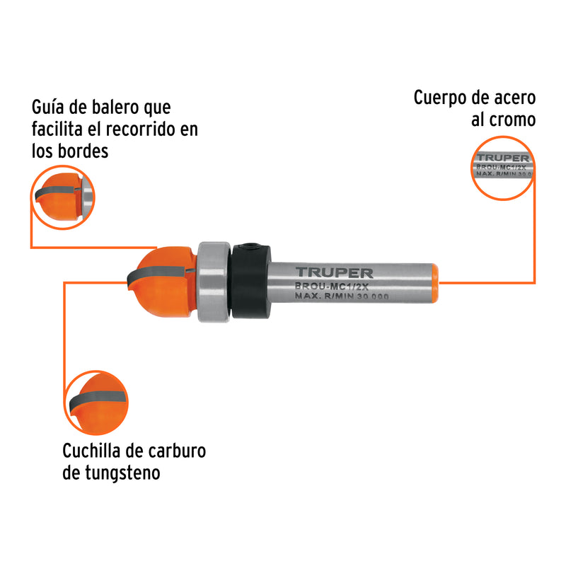 Broca para router, media caña, 1/2" con balero