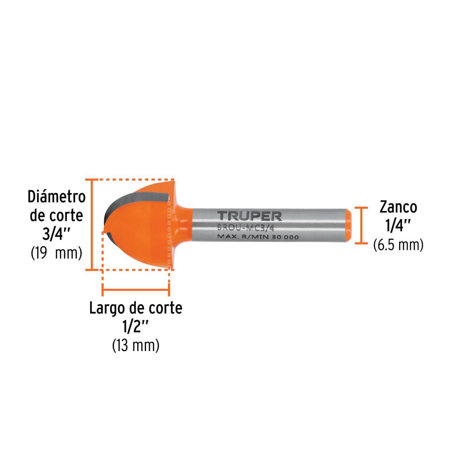Broca para router, media caña, 3/4"