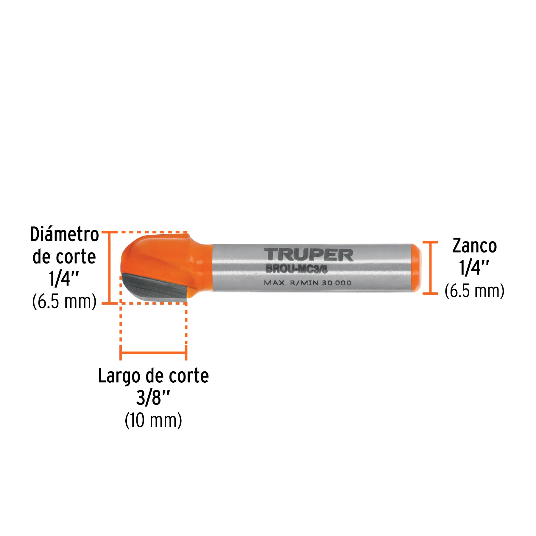 Broca para router, media caña, 3/8"