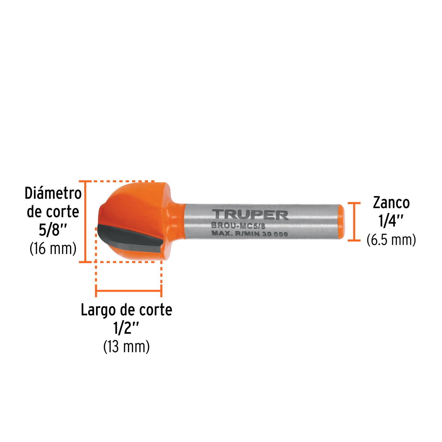 Broca para router, media caña, 5/8'