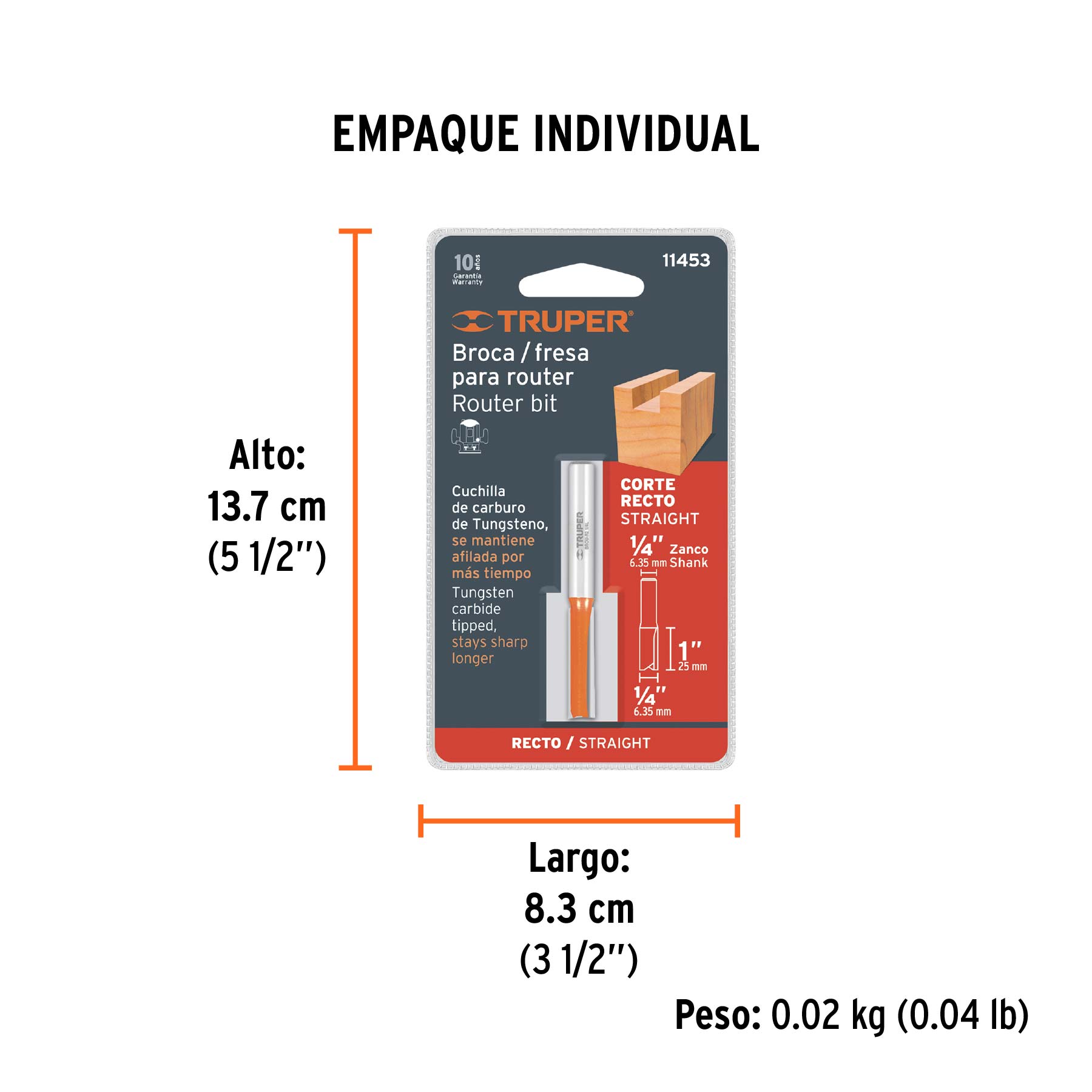 Broca para router, recta 2 filos, 1/4", larga