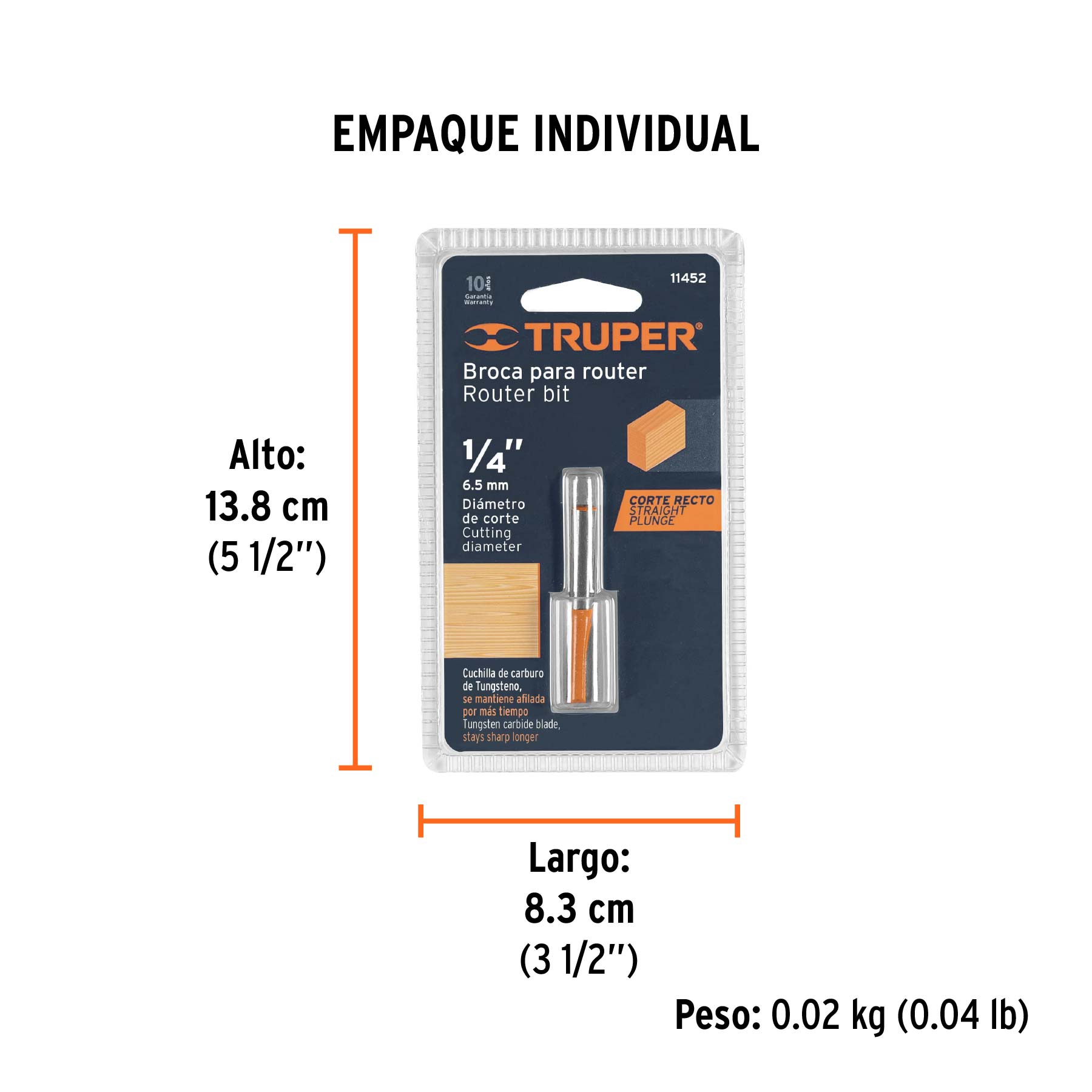 Broca para router, recta 2 filos, 1/4", mediana