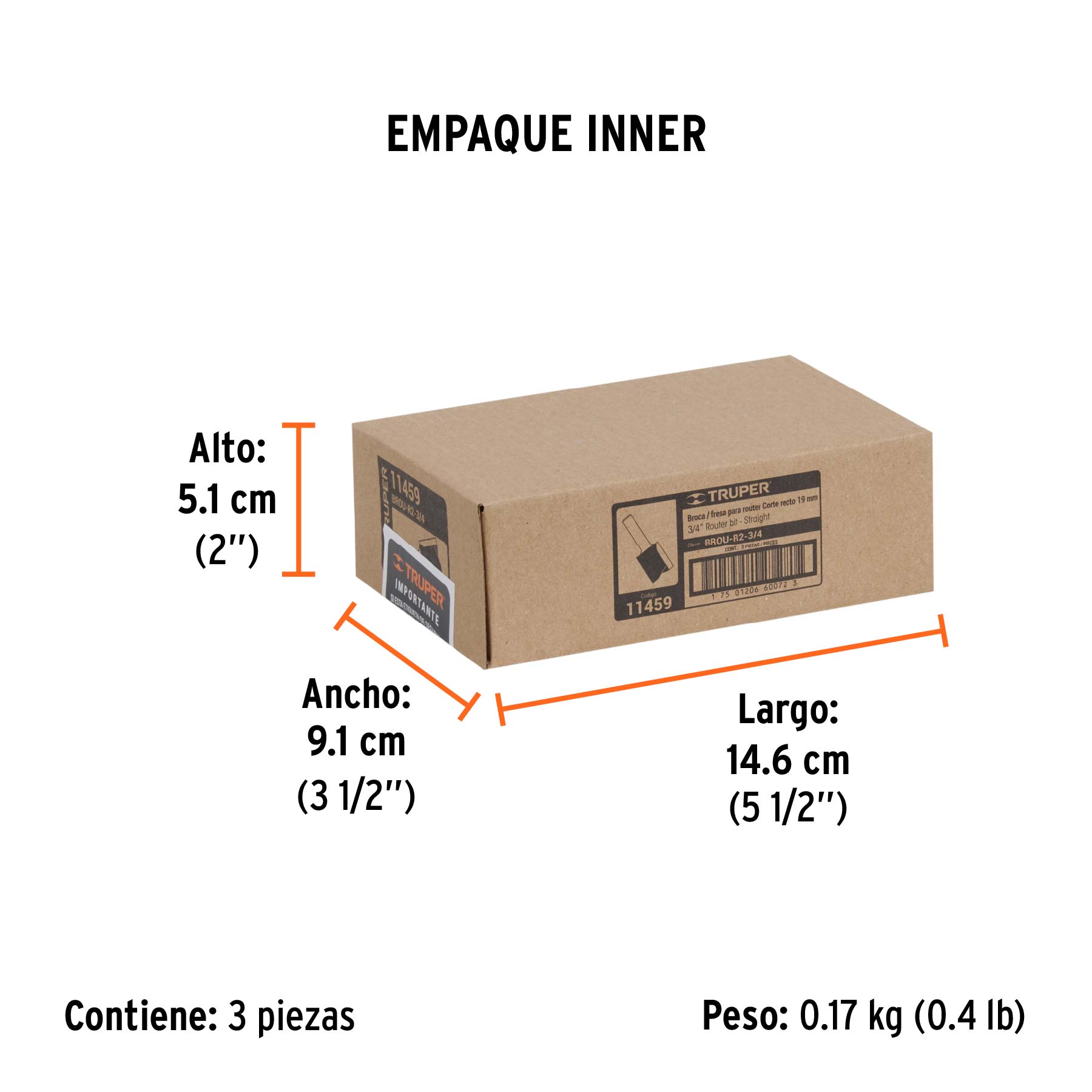 Broca para router, recta 2 filos, 3/4"