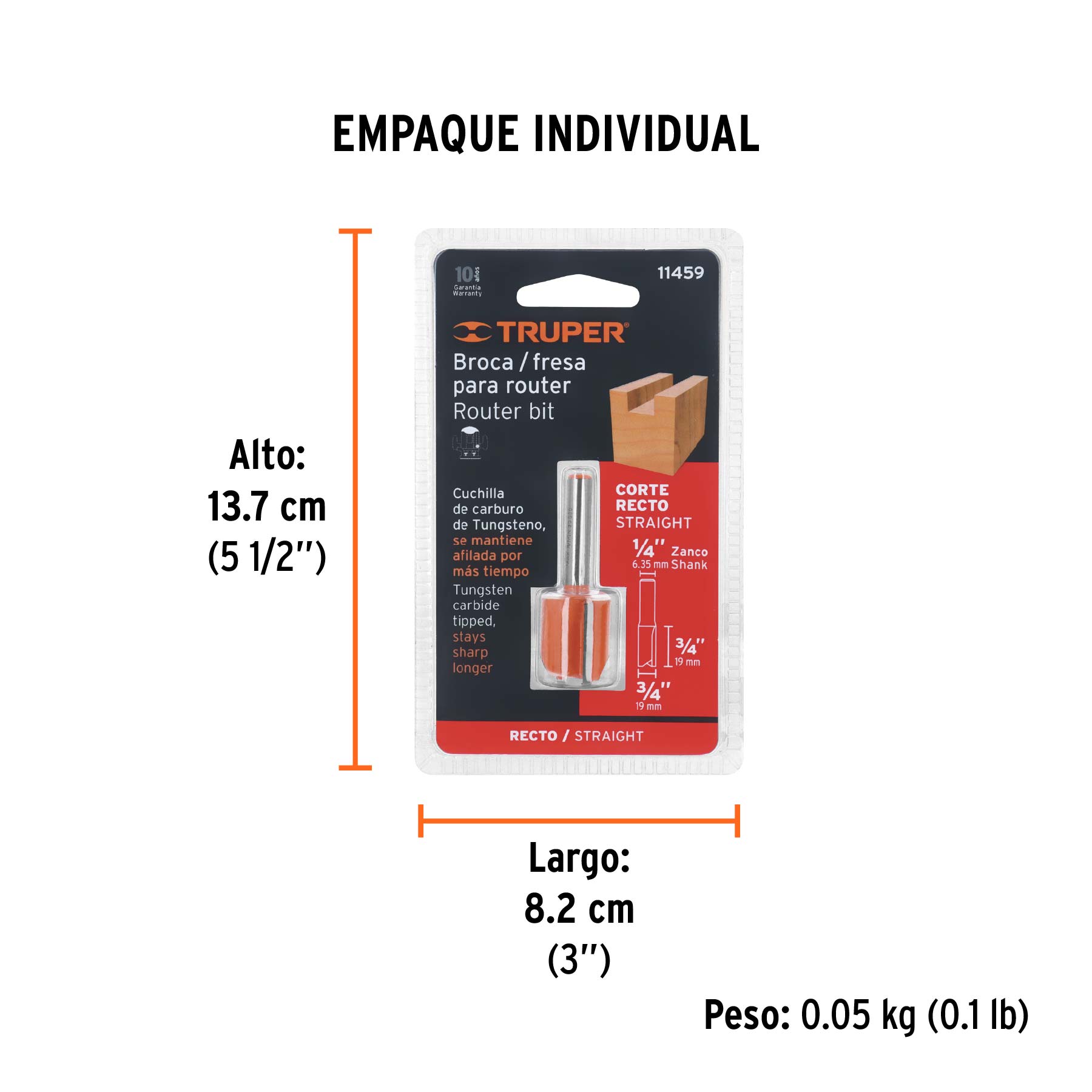 Broca para router, recta 2 filos, 3/4"