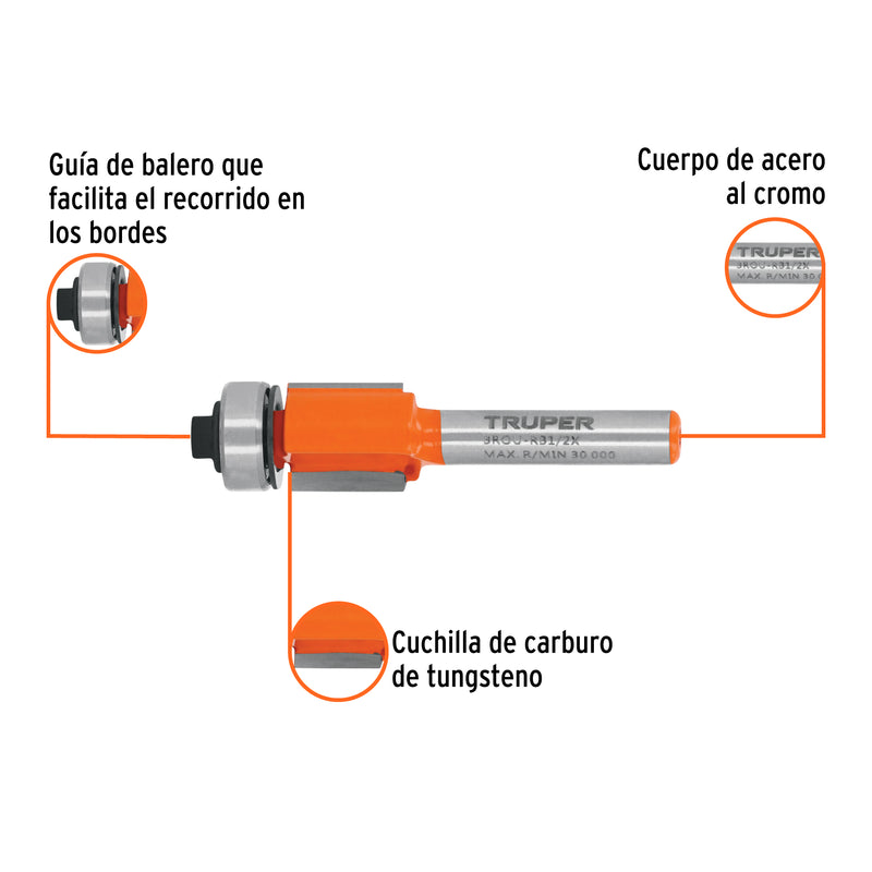 Broca para router, corte recto, 1/2" con balero