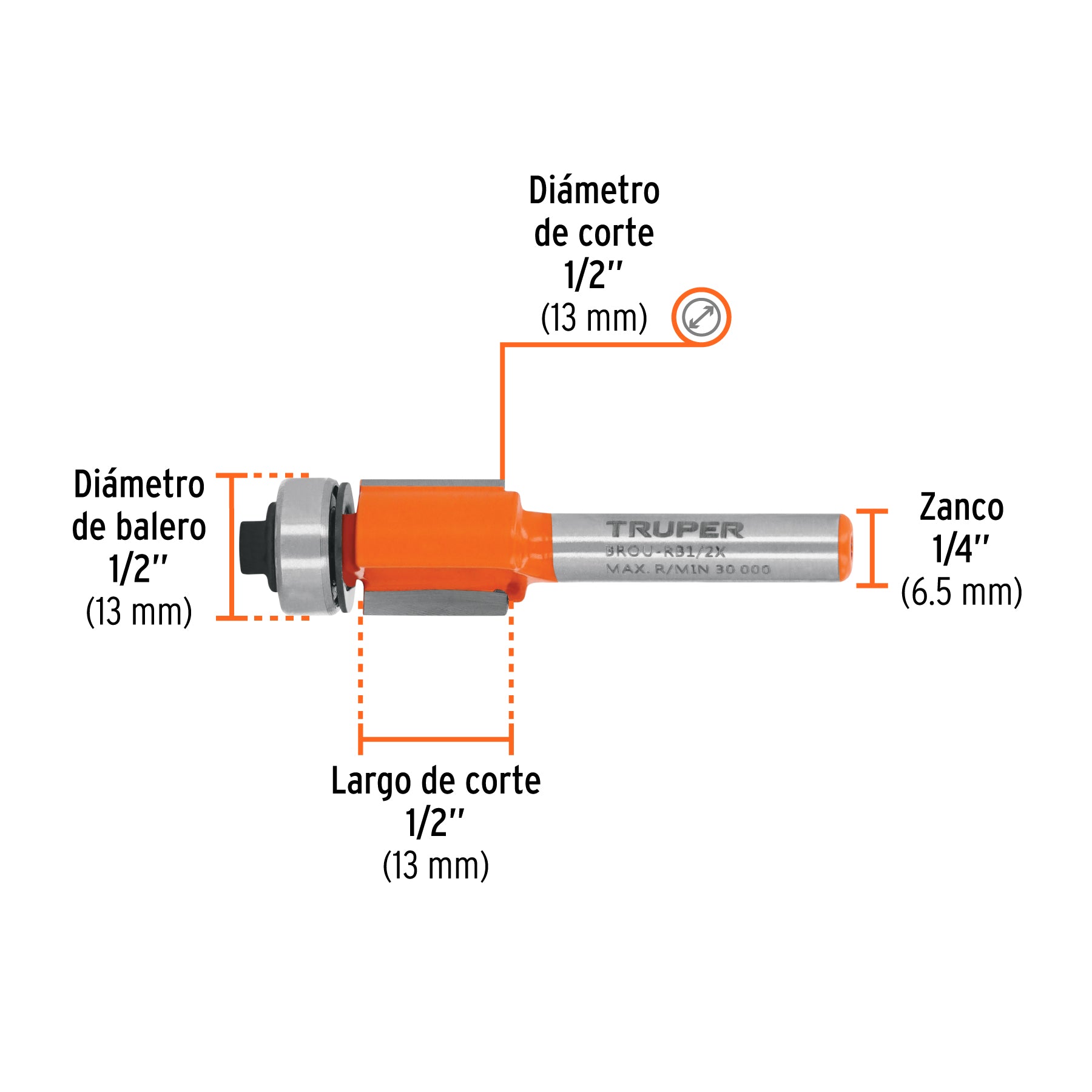 Broca para router, corte recto, 1/2" con balero