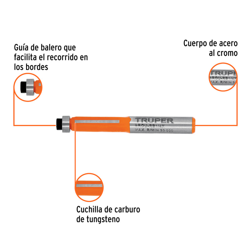 Broca para router, corte recto, 1/4' con balero