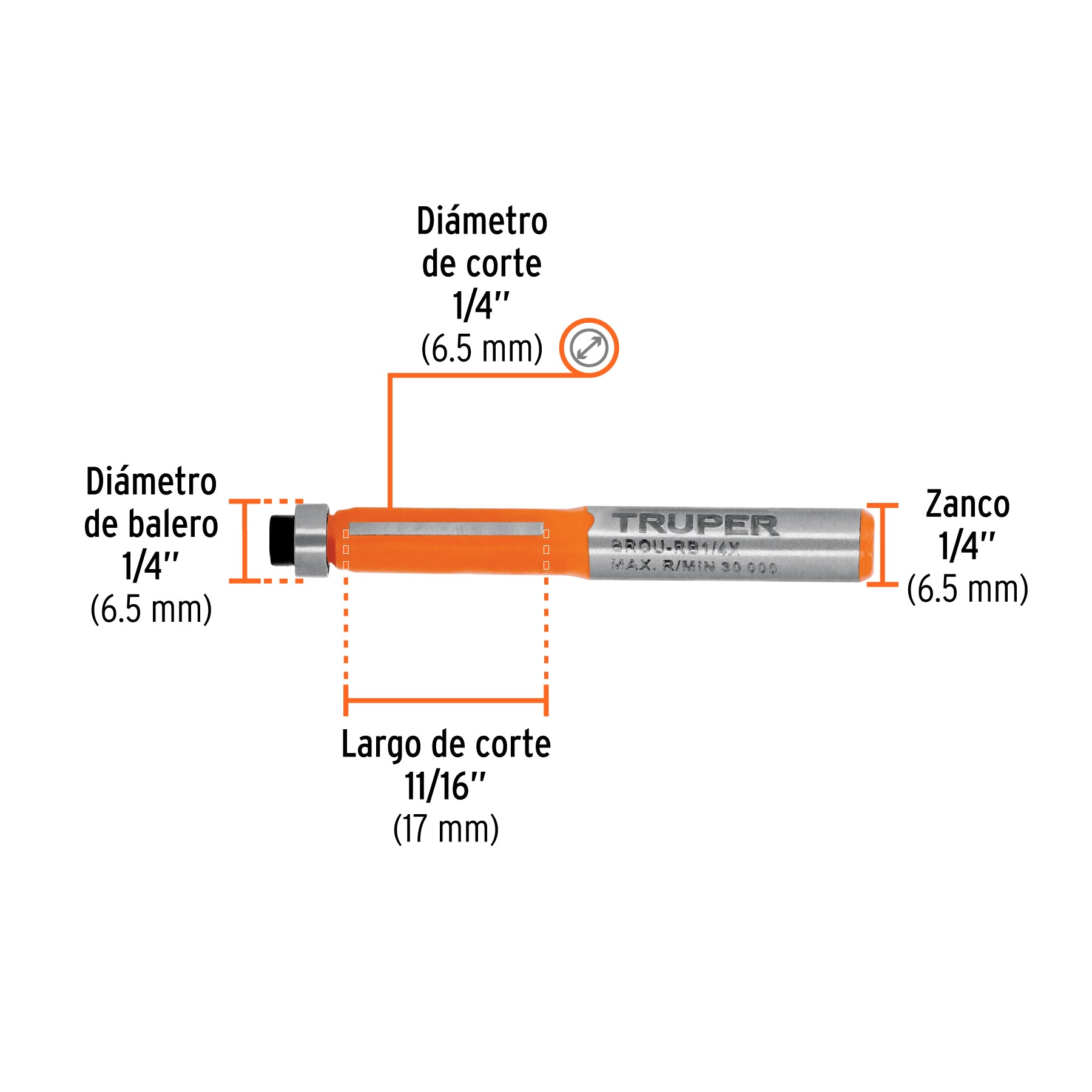 Broca para router, corte recto, 1/4' con balero