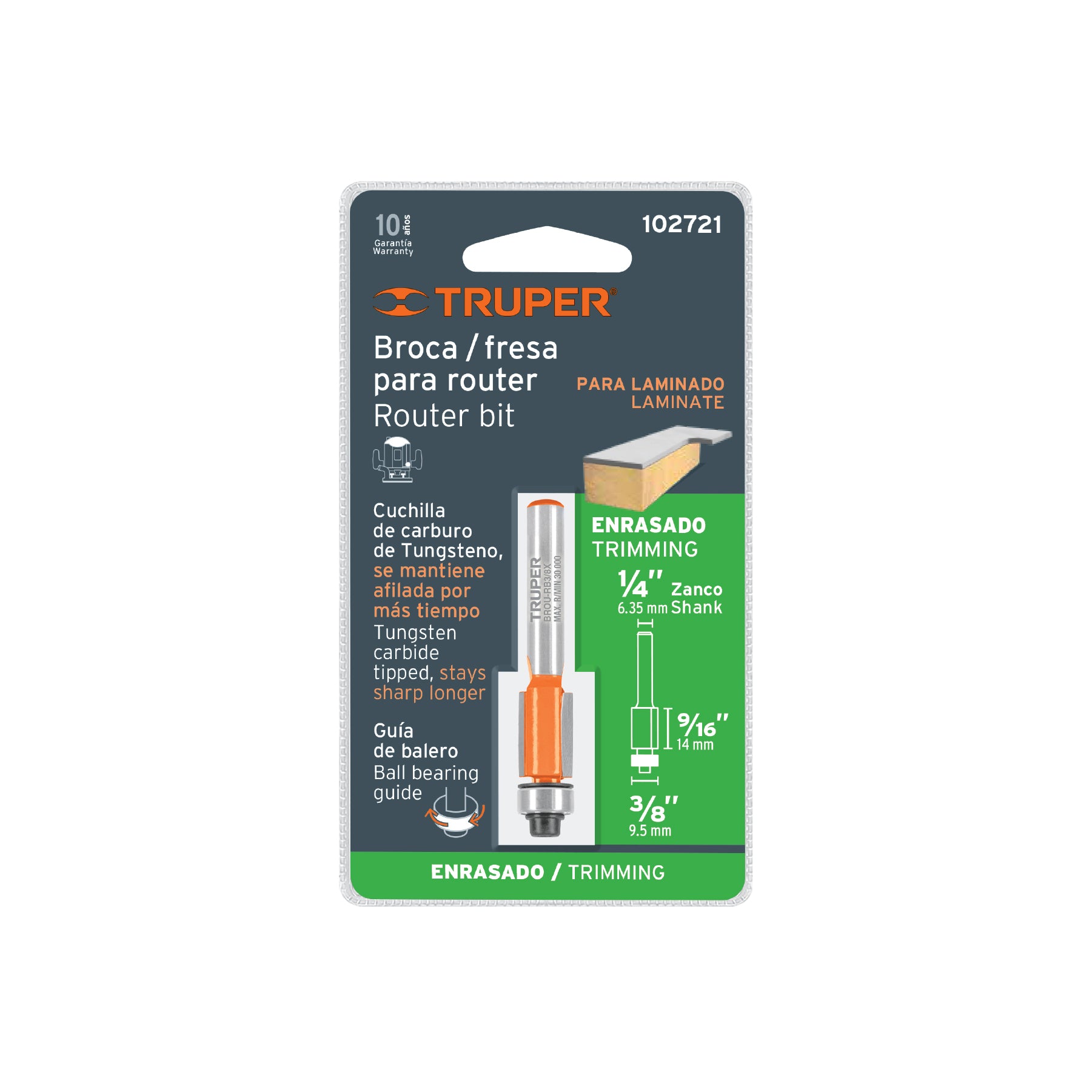 Broca para router, corte recto, 3/8' con balero