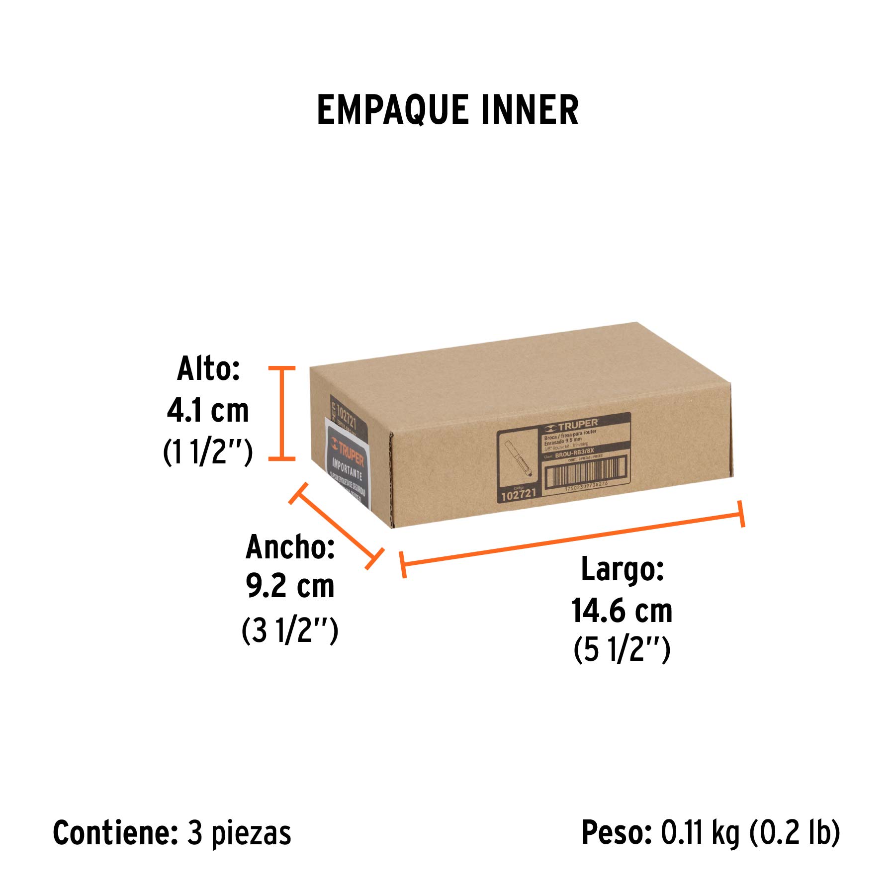 Broca para router, corte recto, 3/8' con balero