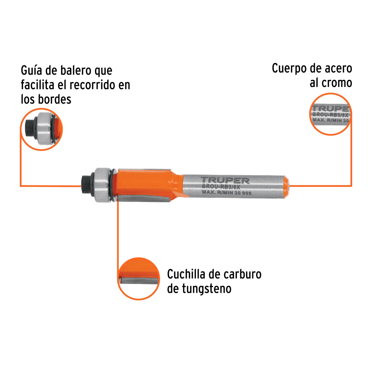 Broca para router, corte recto, 3/8' con balero