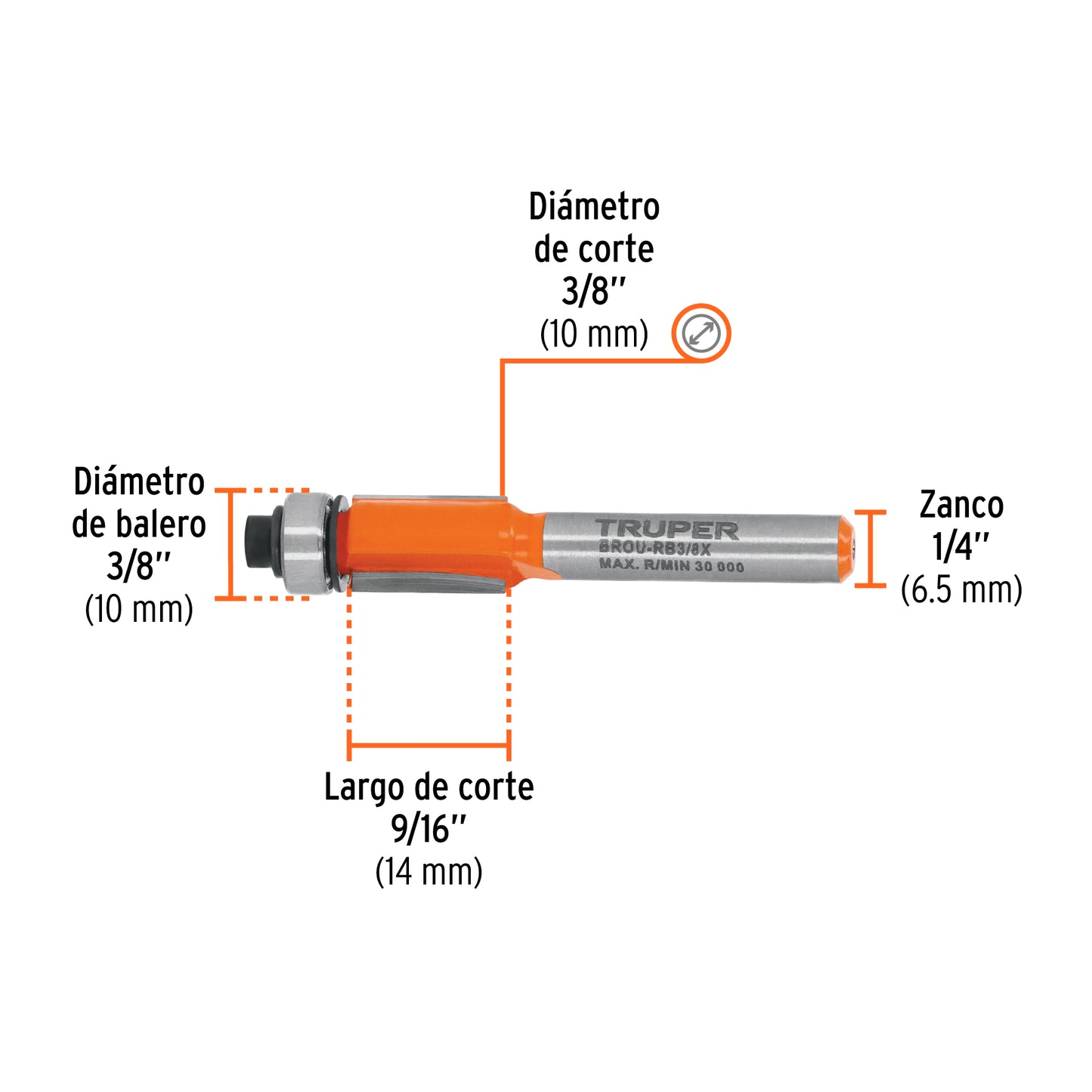 Broca para router, corte recto, 3/8' con balero