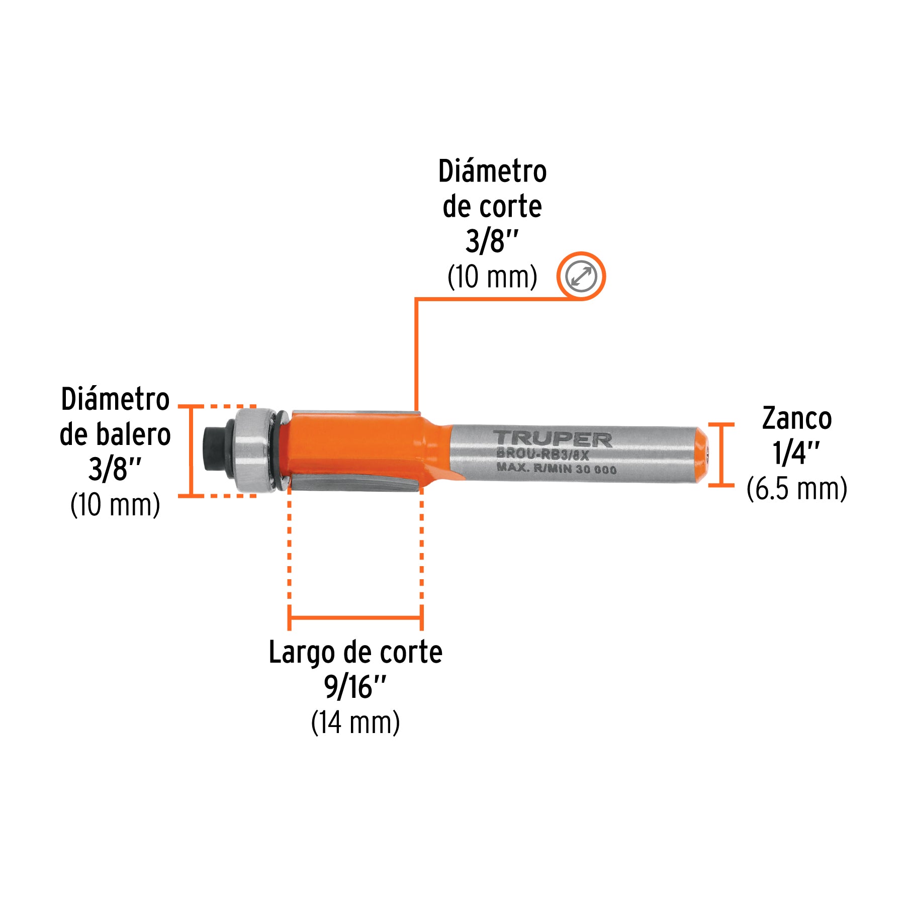 Broca para router, corte recto, 3/8' con balero