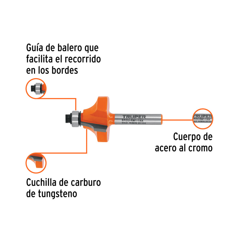 Broca para router, redondeado con moldura, 1-1/8' con balero
